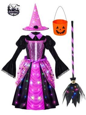 Light-Up Witch Costume Set Dress Hat Broom Pumpkin Bucket